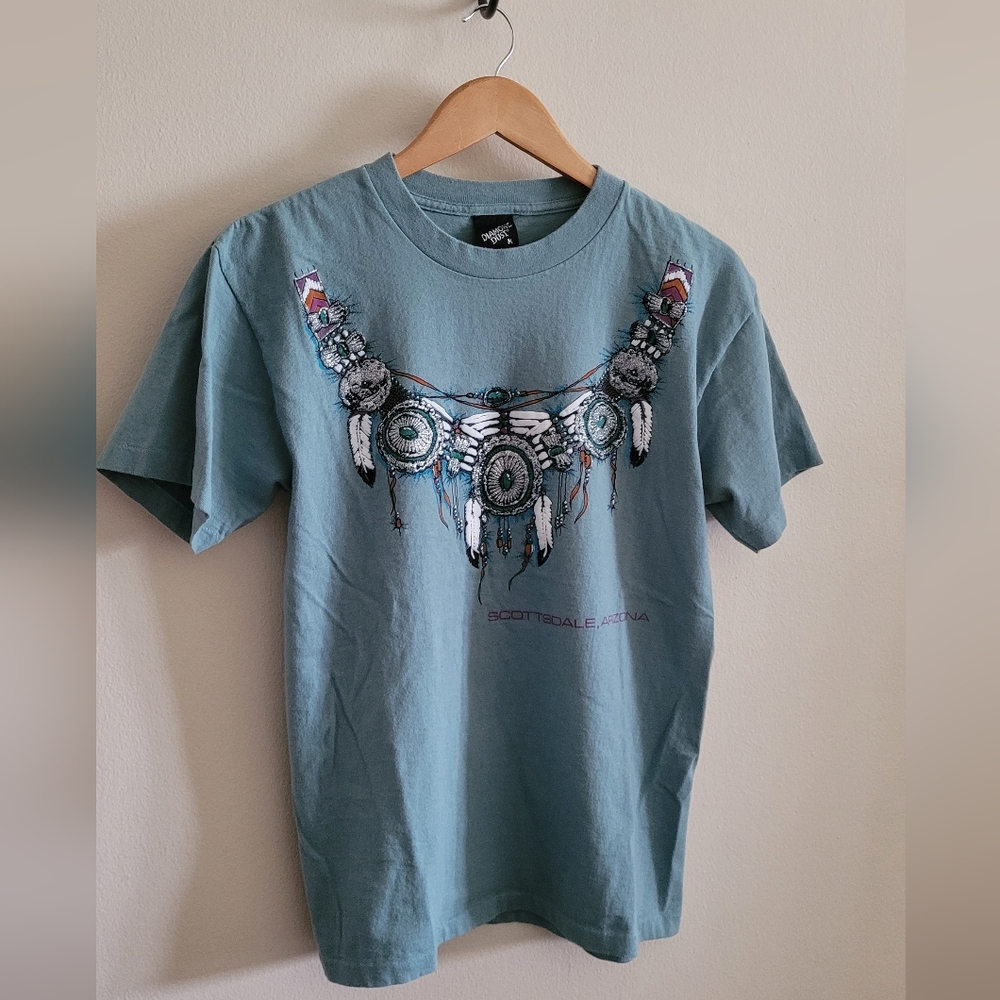 Vintage Diamond Dust Native American Regalia Tshirt, Women's M, Washed Teal
